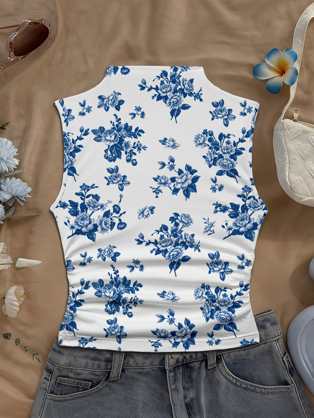 Women's Spring/Summer New Arrival Special Vintage Daily Casual Print Mock Neck Sleeveless Fitted Tank Top - Royal Blue