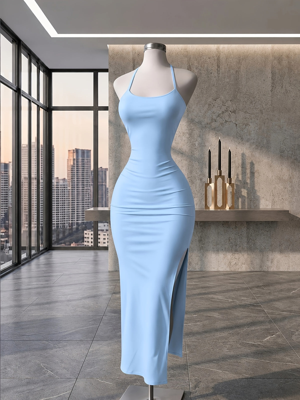 Y2K Women'S Elegant Versatile Solid Color Cami Backless Long Dress, Back Ruched Fitted Bodycon Dress, Suitable for Socialite Temperament Evening Parties - Sky Blue