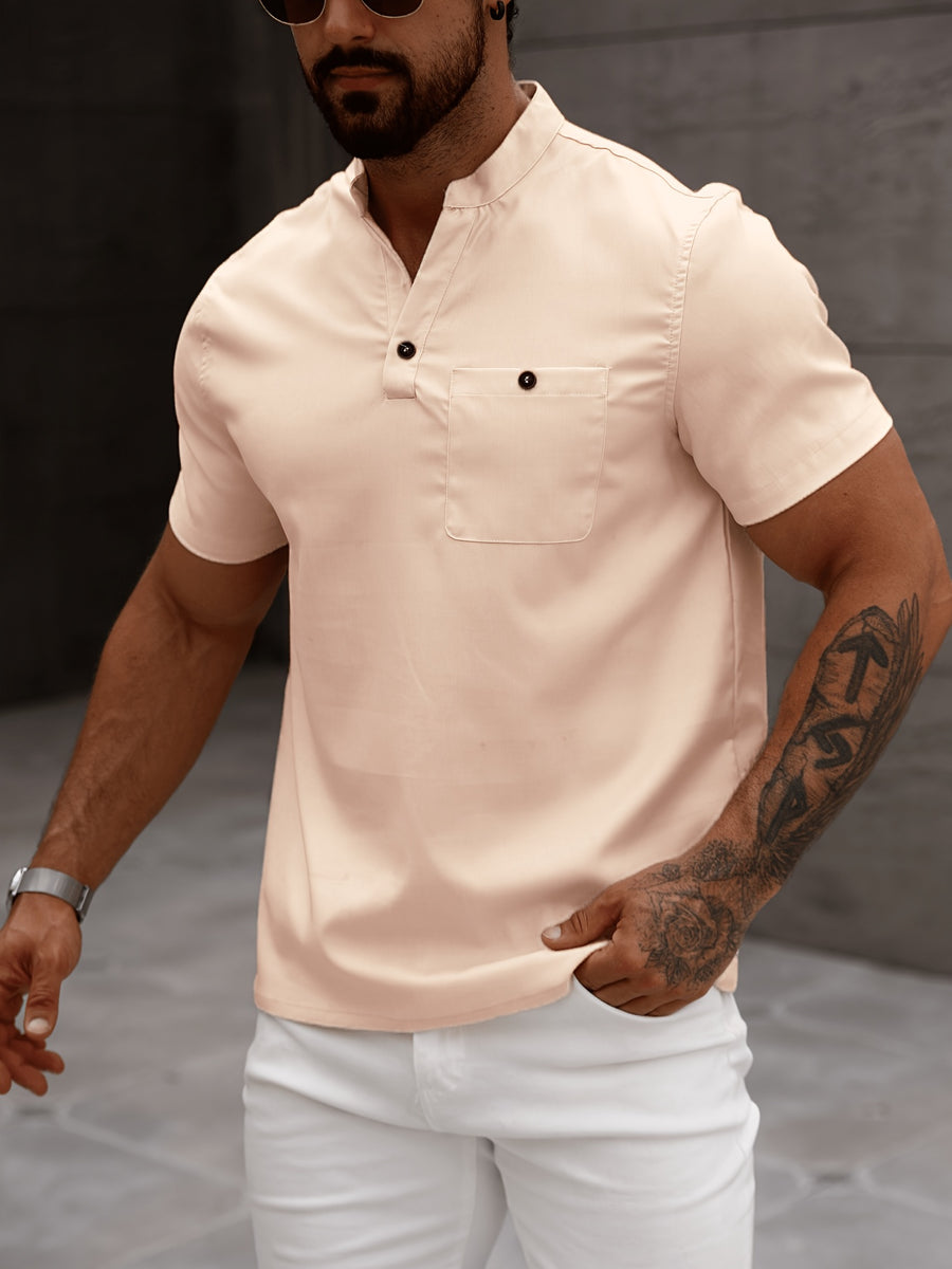 -Border Trade Men'S Fashion Summer Casual Short-Sleeved Henley Shirt by Pearson Selected - Khaki