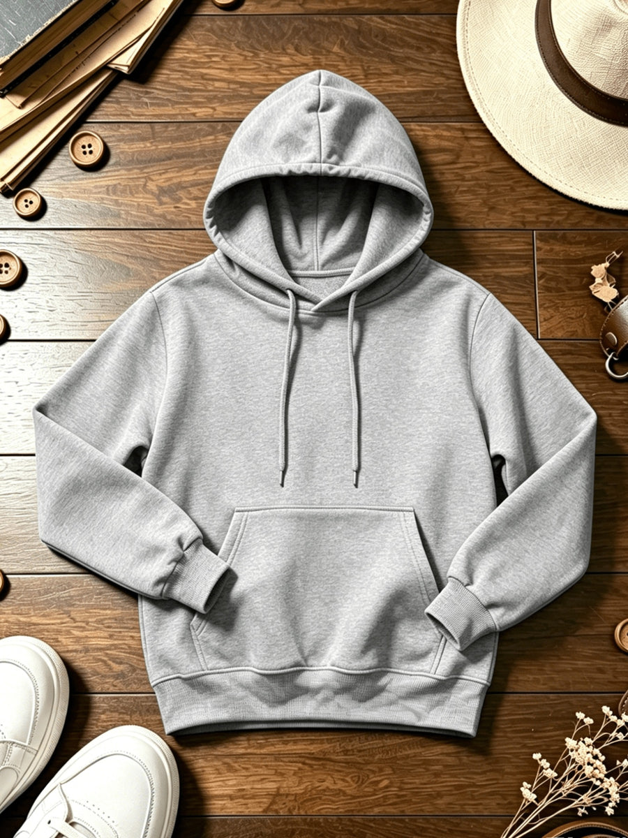 Men's Long Sleeve Hoodie, 100% Polyester Solid Color Pullover with Drawstring and Kangaroo Pocket, Adjustable Hood, Ribbed Cuffs and Hem, Regular Fit, Suitable for Casual Sports and Jogging - Spring/Fall/Winter - Grey