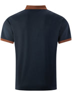 Men'S Short-Sleeve Plaid Knit Henley Shirt with Contrasting Brown Trim, Featuring a Stand Collar Design, Casual Button-Up Front, Breathable Vintage Street Style Clothing - Navy Color