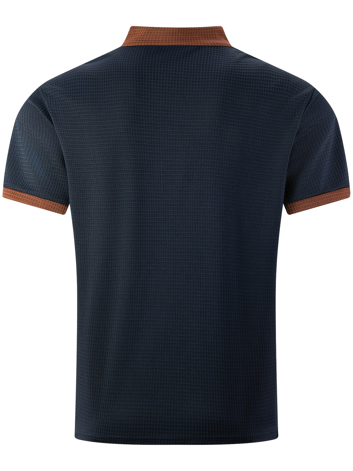 Men'S Short-Sleeve Plaid Knit Henley Shirt with Contrasting Brown Trim, Featuring a Stand Collar Design, Casual Button-Up Front, Breathable Vintage Street Style Clothing - Navy Color