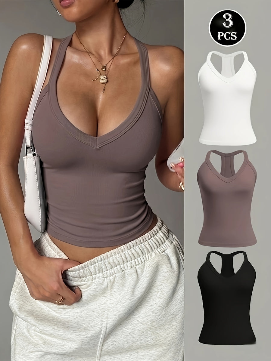 3pcs/set Y-back Cropped Tank Top, V-neck Sleeveless Slim-fit Basic T-shirt, Suitable for Daily and Casual Wear, Yoga, Running, Fitness, Stretchy Athletic Workout Tank Top, Breathable - White + Brownish Red + Black