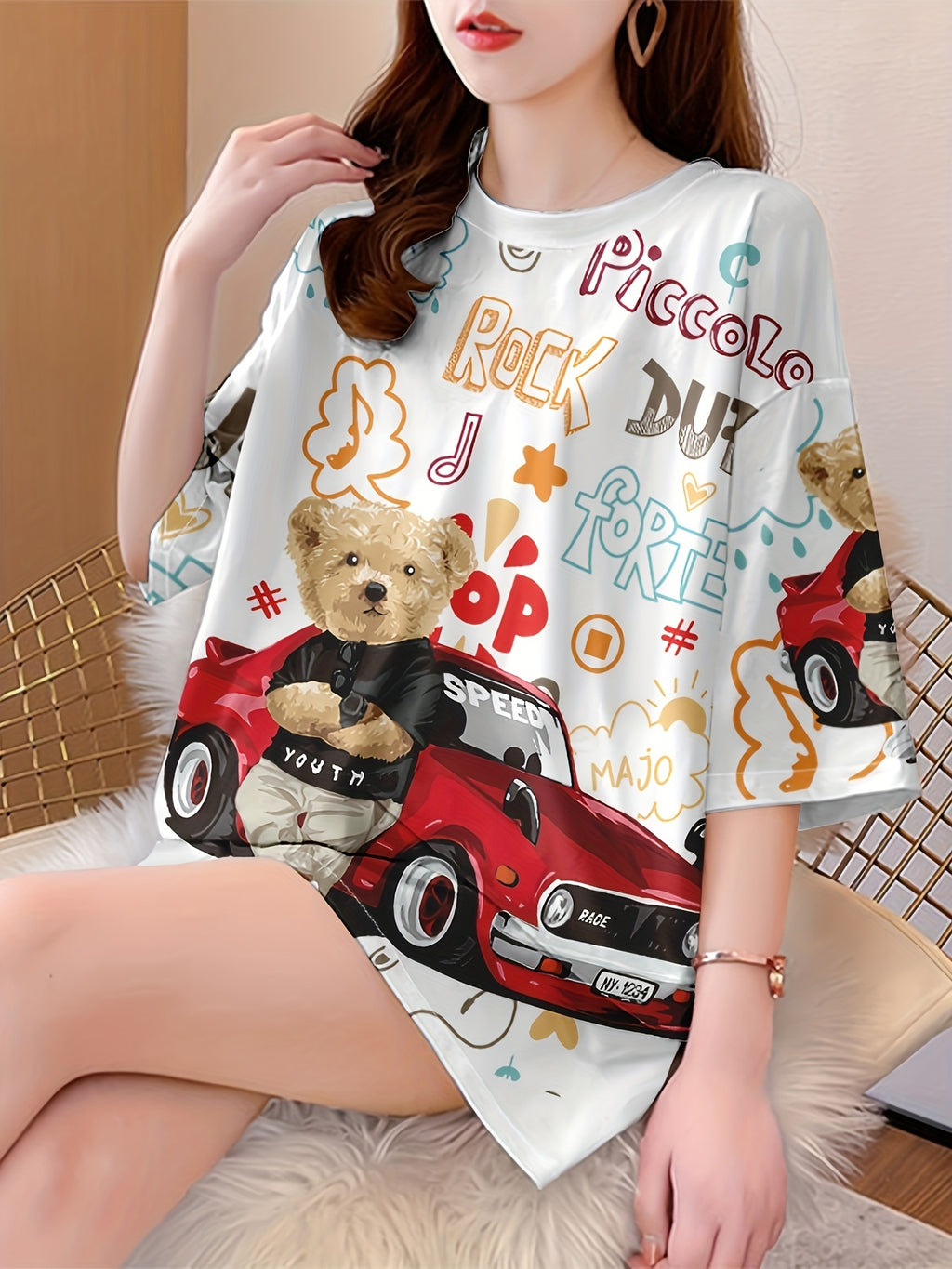 Summer New Large Size Loose Fashion Trend Slim Cartoon Round Neck Print Ladies Women's Medium and Long Short-sleeved T-shirt Clothes - K171-W