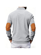 Men's 3pcs Set Corduroy Half-Button Stand Collar Long Sleeve Fashion Sweatshirt, Contrast Color Buttons Half-Open Placket, Double Elbow Applique Patches, Front Kangaroo Pocket, Ribbed Cuffs and Hem Vintage Casual Sweatshirt - xing+lv+hui