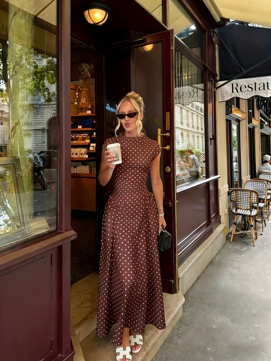 New Women's Polka Dot Maxi Dress, Waist-Cinching Style, Elegant French-Style Dress - Dark Brown