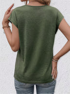 New Summer Women's V-Neck Fake Button Covered Sleeve T-Shirt, Solid Color Casual Top, Machine Washable - Suitable for Daily and Home Wear - Pine Green