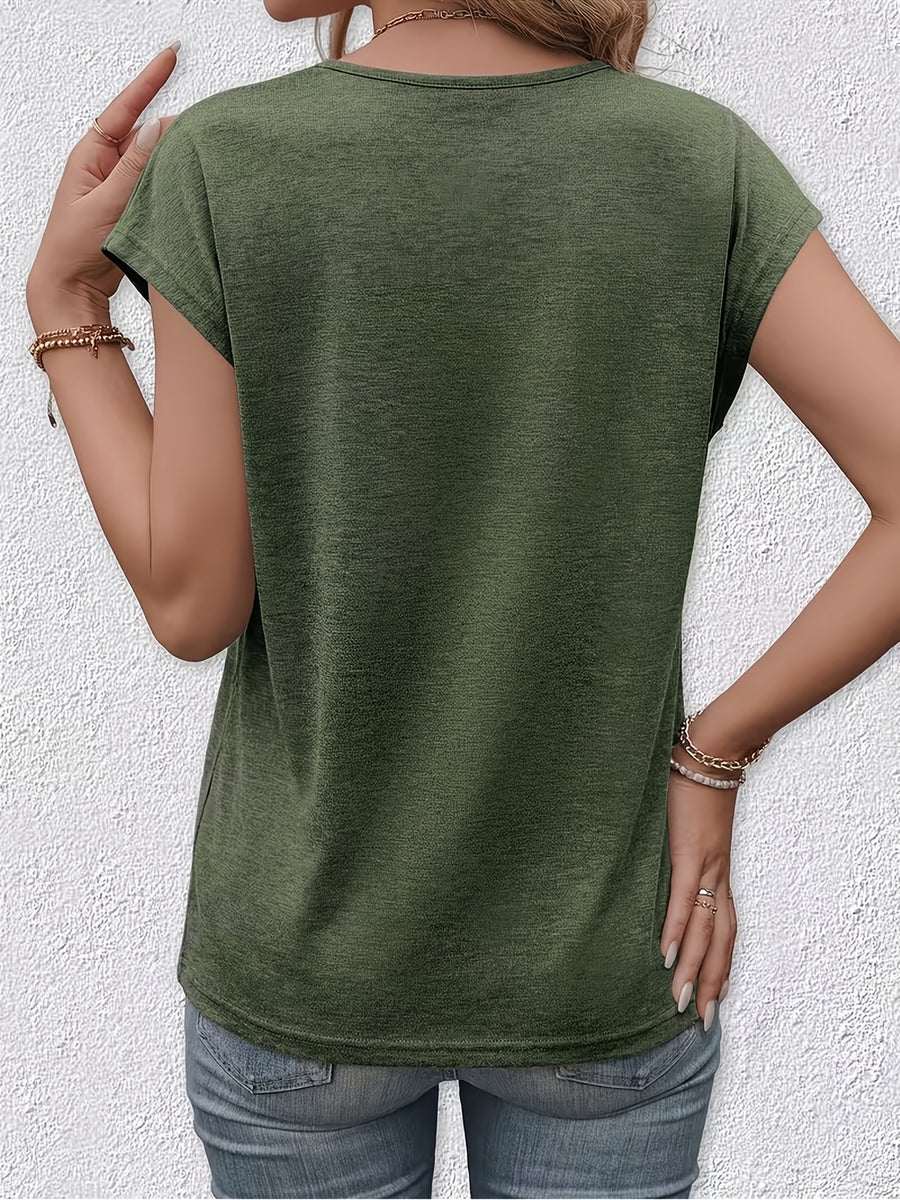 New Summer Women's V-Neck Fake Button Covered Sleeve T-Shirt, Solid Color Casual Top, Machine Washable - Suitable for Daily and Home Wear - Pine Green