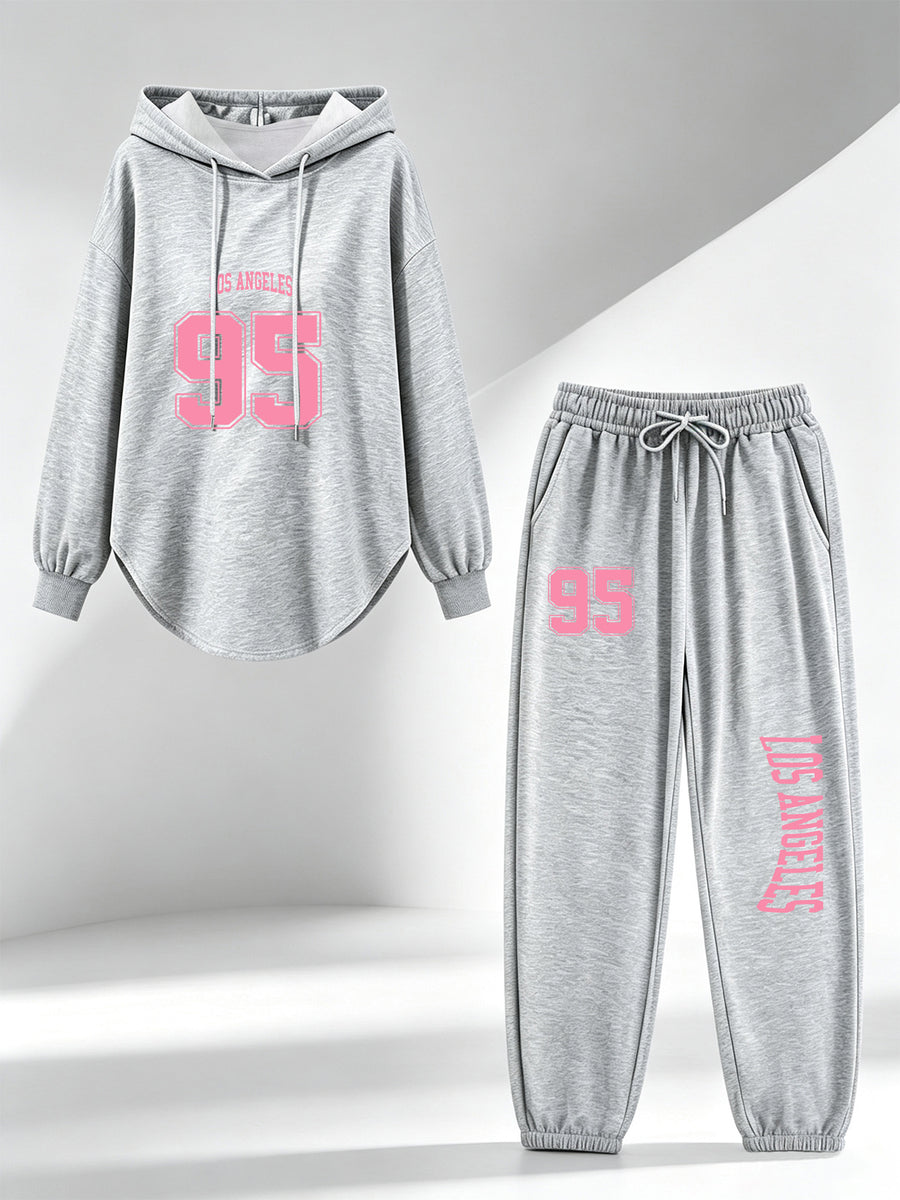 Women'S Los Angeles Print Two-Piece Tracksuit - Casual Oversized Long Sleeve Hoodie And Drawstring Elastic Waist Jogger Pants Set, Comfortable Athleisure Loungewear - Perfect for Daily Wear, Sports, Gym, Vacation, And Gift for Her - Light Grey