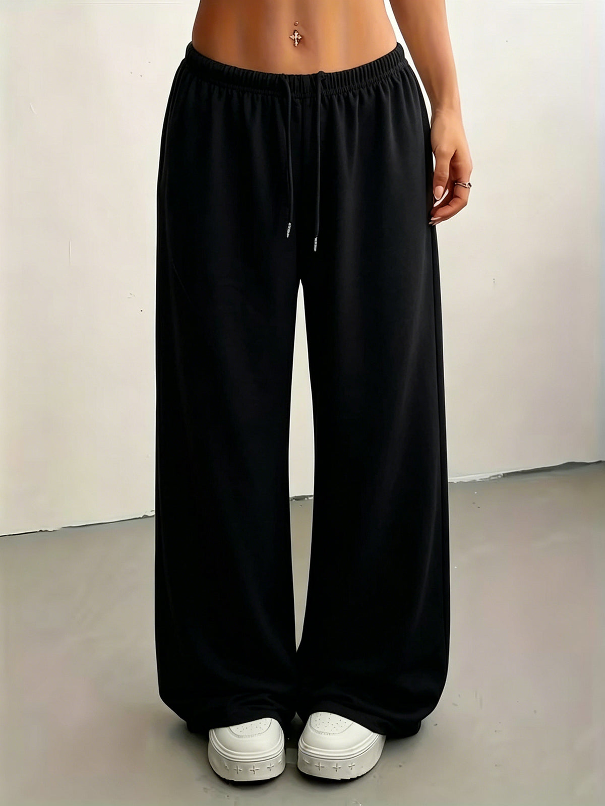 Drawstring Elastic Waist Wide Leg Sweatpants Women'S Loose Lazy Style Casual Versatile Long Pants - Black