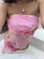Western 2026 Summer New Hot Beach Vacation Mesh Printed Irregular Wave Hem Pink Floral Sexy Bandeau Top Vest Women - Pink