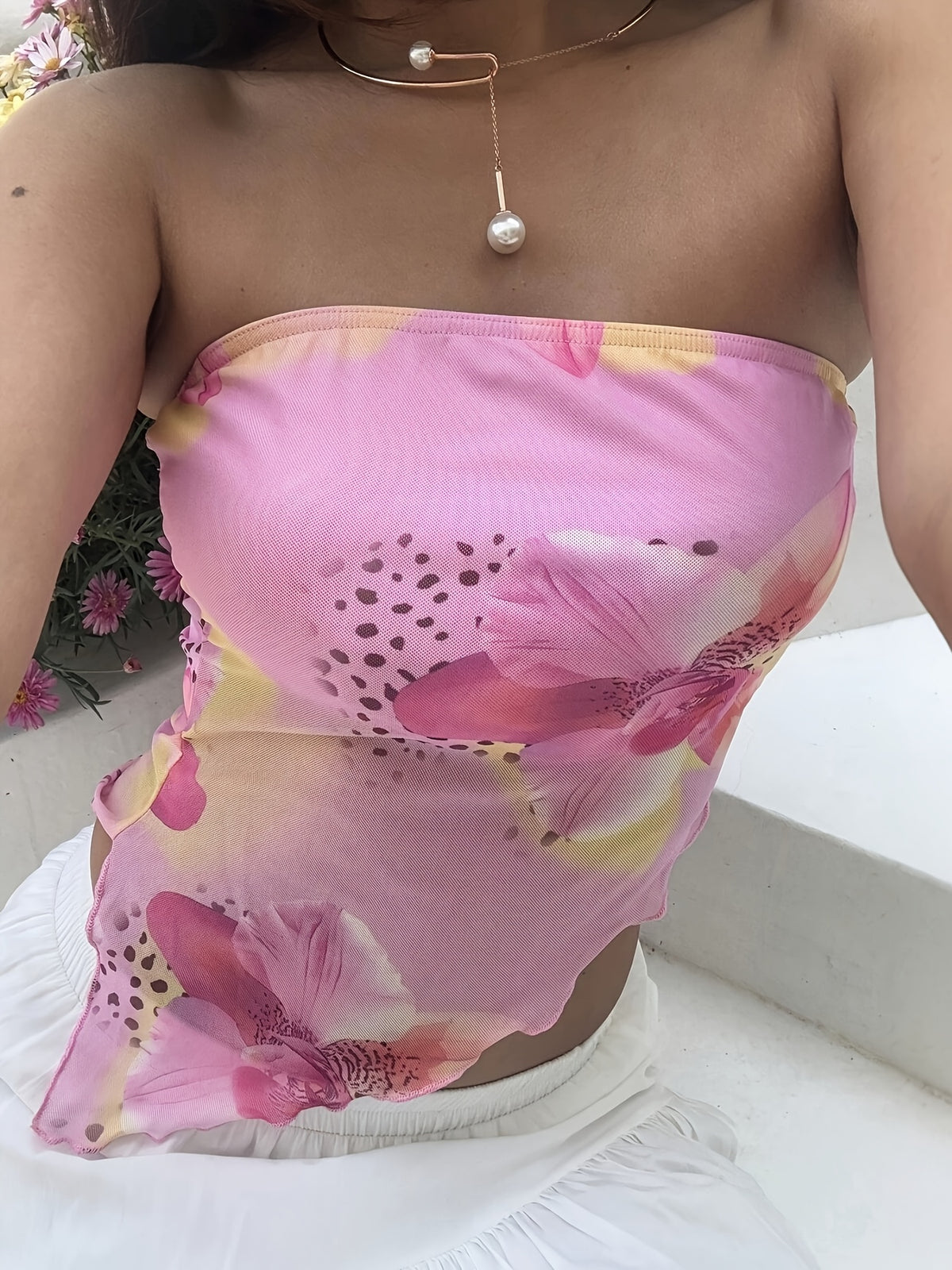 Western 2026 Summer New Hot Beach Vacation Mesh Printed Irregular Wave Hem Pink Floral Sexy Bandeau Top Vest Women - Pink
