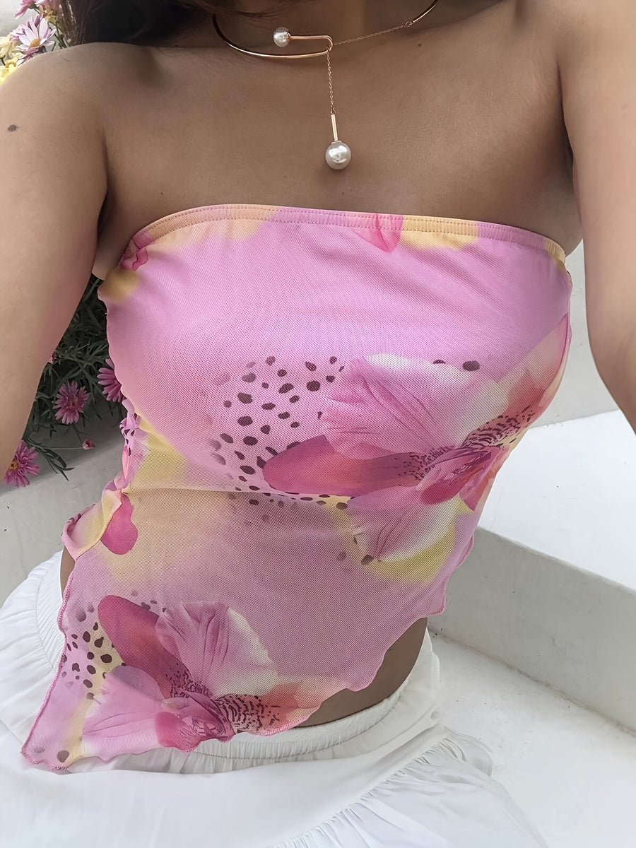 Western 2026 Summer New Hot Beach Vacation Mesh Printed Irregular Wave Hem Pink Floral Sexy Bandeau Top Vest Women - Pink