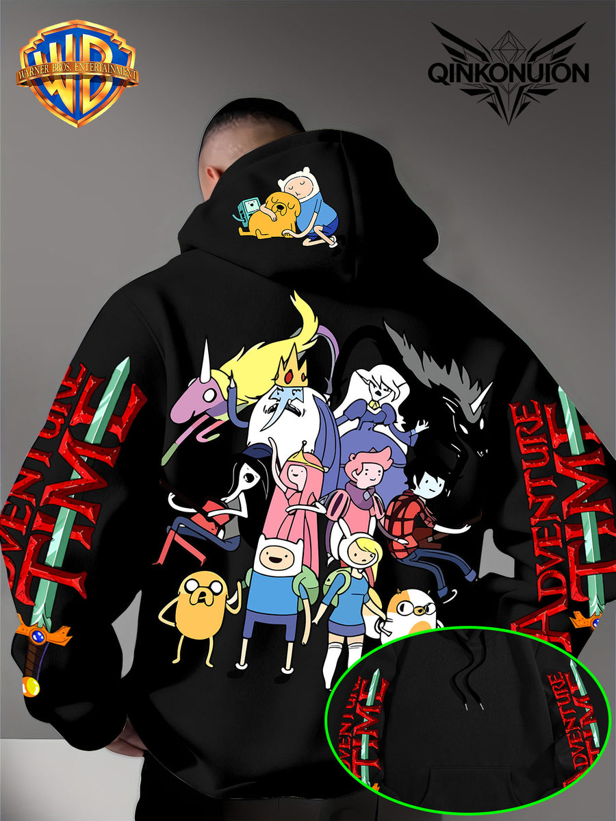Warner Official Men's Hoodie, Adventure Treasure Full Character Gathering Adventure Print Design, Machine Washable, Warm and Casual for Autumn and Winter, Daily Drawstring Hoodie, Multifunctional Sports and Casual Loose Fit - Black