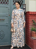 Middle Eastern Muslim Abayas, Elegant Temperament Printed Round Neck Puff Sleeve Tie-Up A-Line Robe, Headscarf Not Included - Navy Color