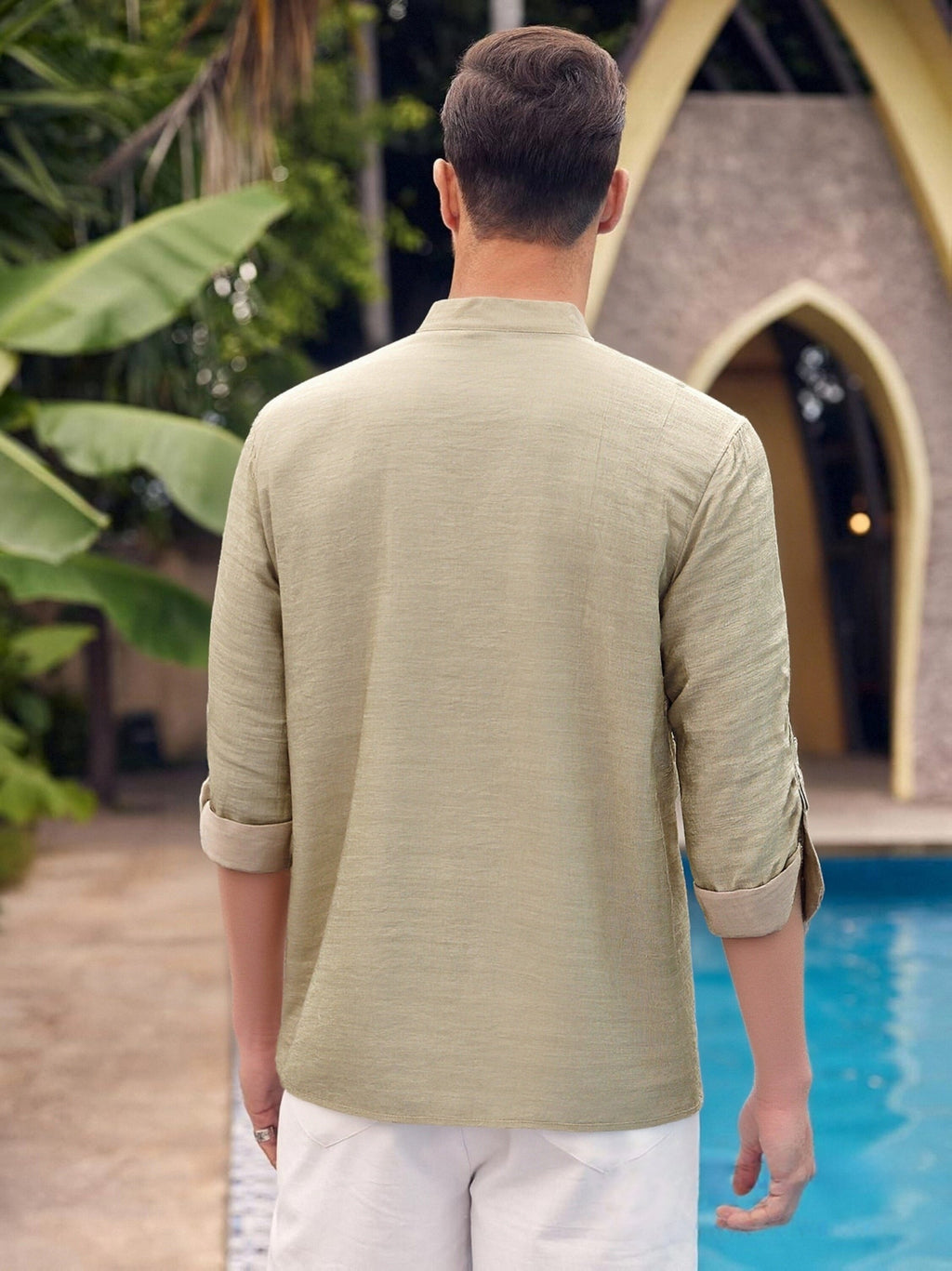 Men'S Fashion New Spring And Autumn Tops Featuring a Stand Collar Henley Shirt, with a Half-Open Single Row of Buttons, Perfect for Outdoor Beach Wear - Khaki