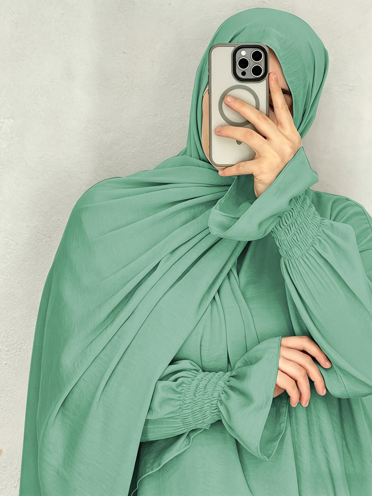 1pc Ice Wrinkled Fabric Scarf And Robe Abaya Khimar Loose Cuff Design Easy Fashion Suitable for Women'S Daily Wear And Prayer All Seasons - Mineral Green