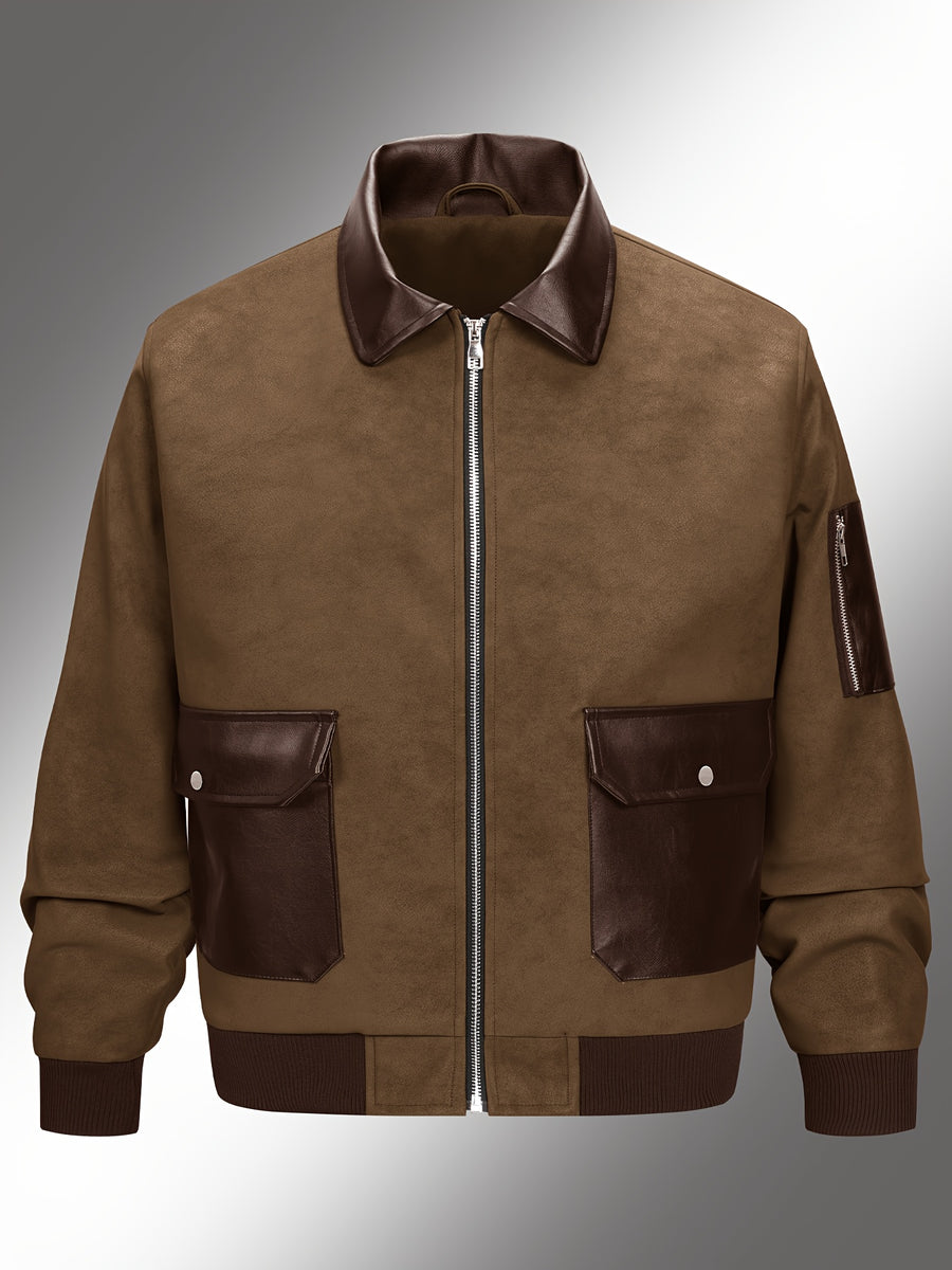 Men's Color-block Workwear Pilot Jacket, Lapel Multi-pocket Zip-up Autumn and Winter Casual Men's Jacket, Suitable for Daily Work Scenarios. - Dark Brown