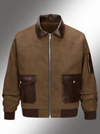 Men'S Color-Block Workwear Pilot Jacket, Lapel Multi-Pocket Zip-Up Autumn And Winter Casual Jacket, Suitable for Daily Work Scenarios - Dark Brown