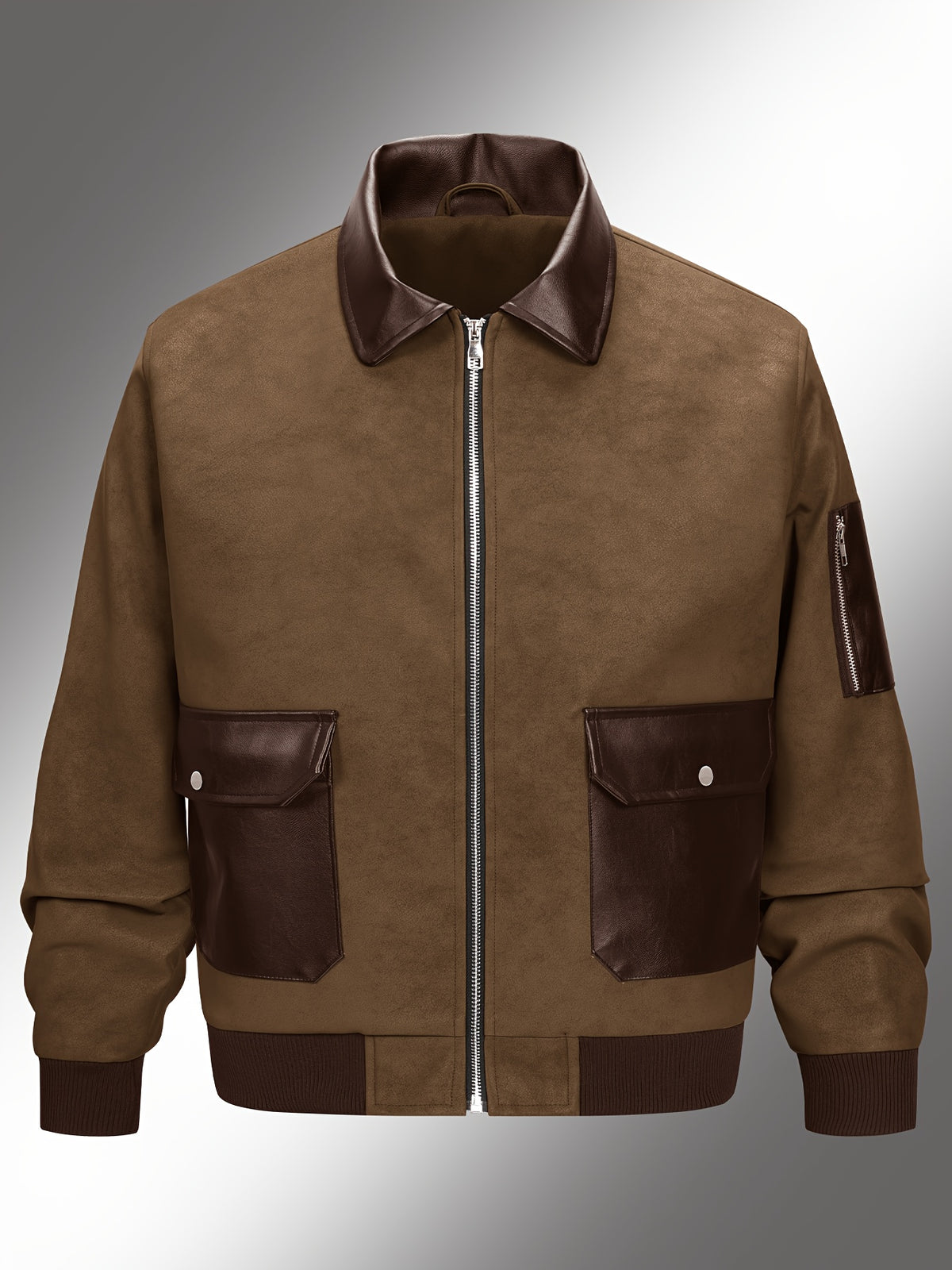 Men'S Color-Block Workwear Pilot Jacket, Lapel Multi-Pocket Zip-Up Autumn And Winter Casual Jacket, Suitable for Daily Work Scenarios - Dark Brown
