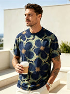 Trendy Color-Block Floral Men's T-Shirt, Summer Crew Neck Breathable Style,  Vintage Look, Casual Commuter Wear - Mixed colors