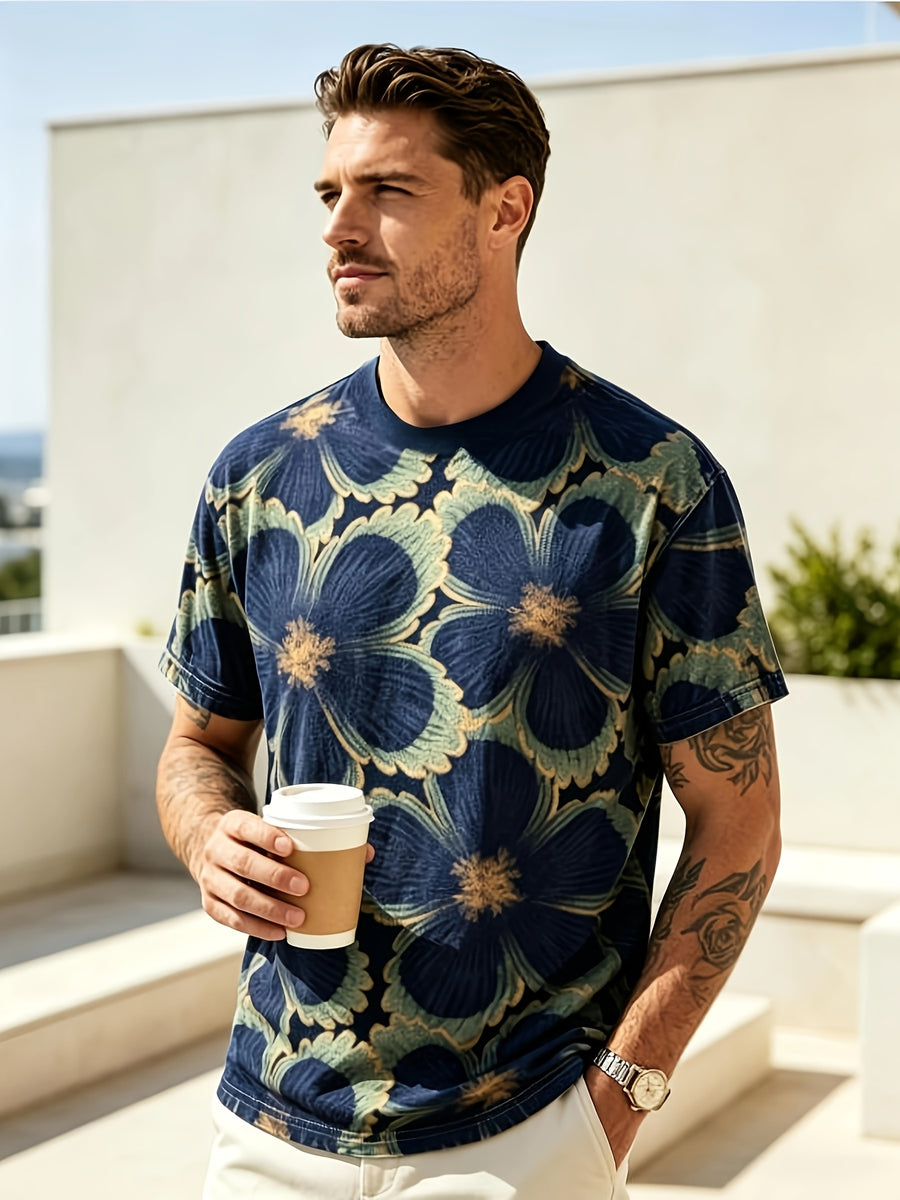Trendy Color-Block Floral Men's T-Shirt, Summer Crew Neck Breathable Style,  Vintage Look, Casual Commuter Wear - Mixed colors