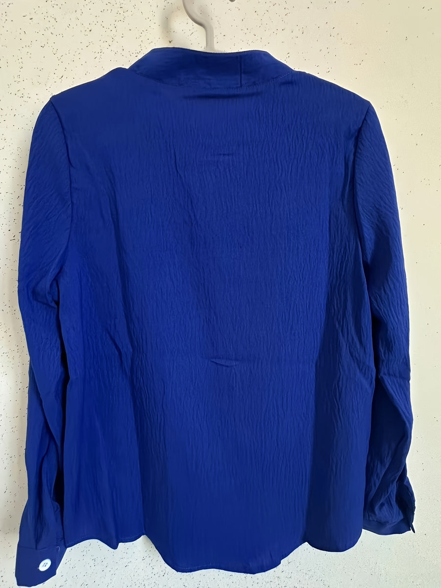 Elegant Special Edition Women'S Blouse - Long Sleeve Button-Up Solid Shirt, Breathable, Comfortable, Soft, Round Neck, Medium Stretch And Machine Washable, Suitable for Office, Commute, Or Formal Events, Refined Casual - Royal Blue