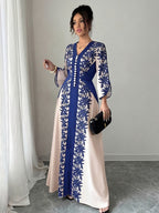 Plus Size, Elegant and Fashionable Plus-size Women's Printed Long-sleeve Dress, Adorned with Buckle Embellishments, Featuring a V-neck and Slit Cuffs. Suitable for Parties, Outings, Romantic Dates, and Daily Wear. Designed for Plus-size Women - Blue