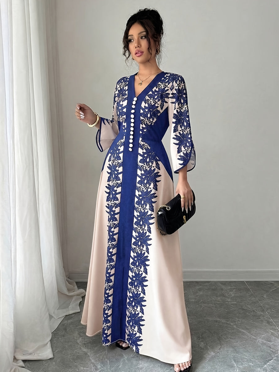 Plus Size, Elegant and Fashionable Plus-size Women's Printed Long-sleeve Dress, Adorned with Buckle Embellishments, Featuring a V-neck and Slit Cuffs. Suitable for Parties, Outings, Romantic Dates, and Daily Wear. Designed for Plus-size Women - Blue