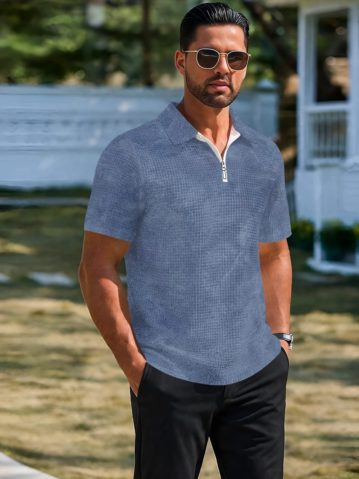 Men's Waffle Knit Polo Short Sleeve Shirt, New Summer Style, Half-Zip with Small Lapel, Loose Fit for a Slimming Effect, Comfortable and Breathable, Versatile Top for Daily Outings and Commuting - Mixed colors