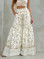 TD0319010 Women's Bohemian Style Printed Wide-Leg Pants, Summer Lightweight High-Waist Elastic Waist Flared Palazzo Pants/Skort - Apricot