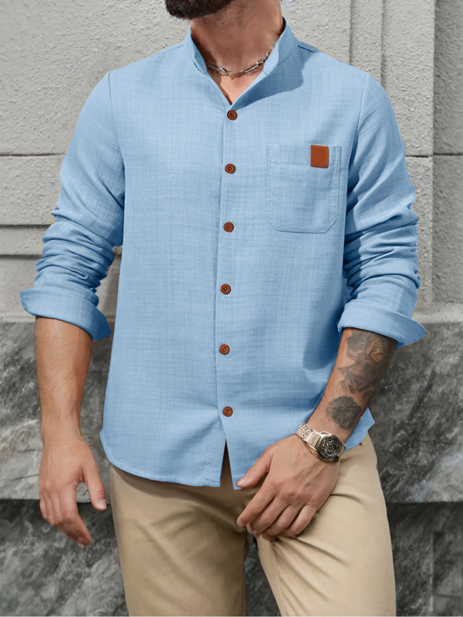 Men's Simple Solid Color Shirt with Stand Collar and Long Sleeves - Blue