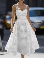 Women's Fashionable Exquisite Daily Commute Attire Women's Elegant Polka Dot Oversized A-line Back Smocked Spaghetti Suspender Dress Tailored Waist-Cinched Sexy Low-cut Bridesmaid Dress Women's - Ivory White