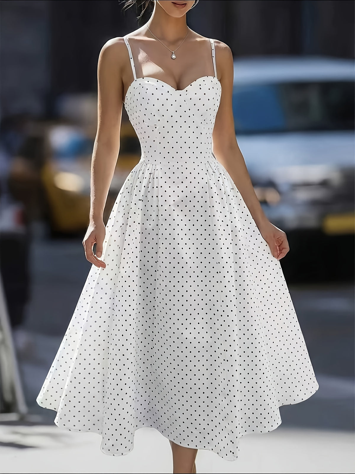 Women's Fashionable Exquisite Daily Commute Attire Women's Elegant Polka Dot Oversized A-line Back Smocked Spaghetti Suspender Dress Tailored Waist-Cinched Sexy Low-cut Bridesmaid Dress Women's - Ivory White
