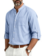 Men's Spring/Autumn Linen Loose-Fit Casual Simple Breathable Button-Front Roll-Up Sleeve Long-Sleeve Stand Collar Shirt - Light Blue
