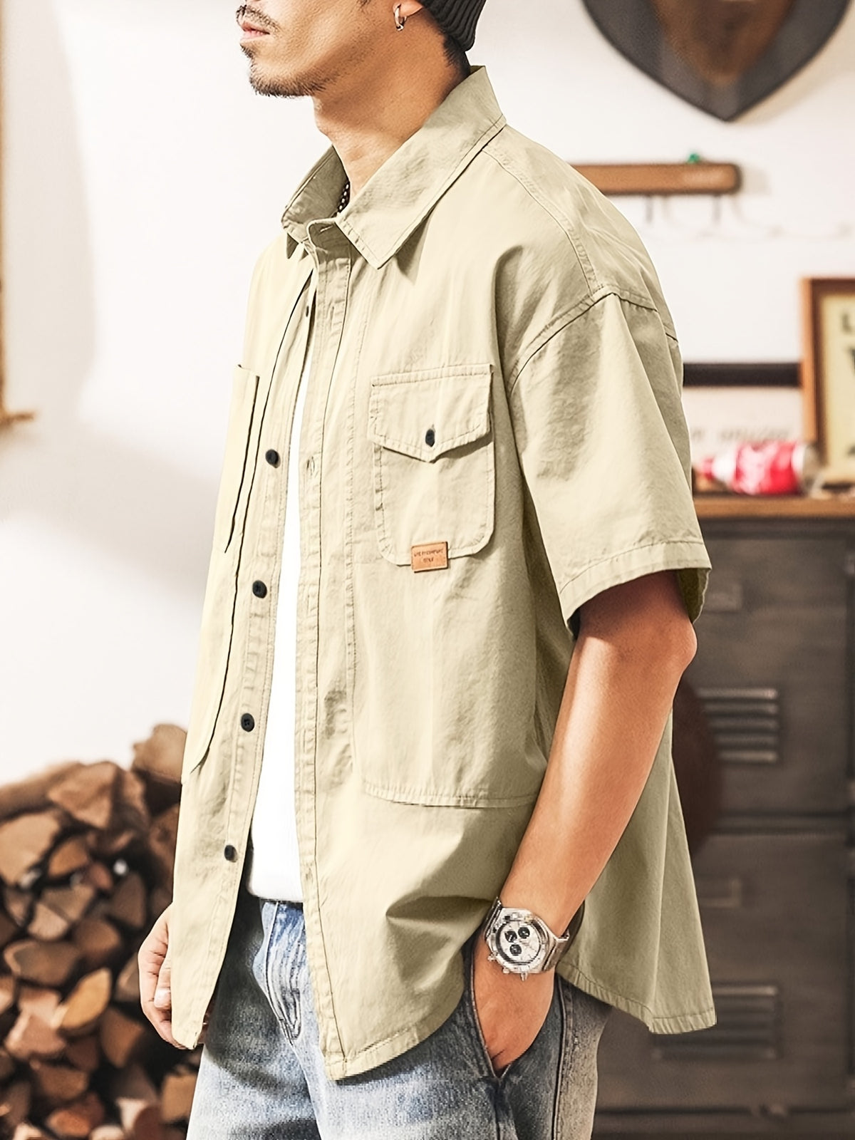 Men's Casual Short Sleeve Shirt, Blend Workwear Button Shirt with Multi Pockets, Solid Color Loose Fit, Breathable Summer Tops for Outdoor Daily WearMen's Multi-Pocket Short Sleeve Work Shirt, Casual Loose Fit Blend Button Shirt for Daily & Outdoor - Khaki