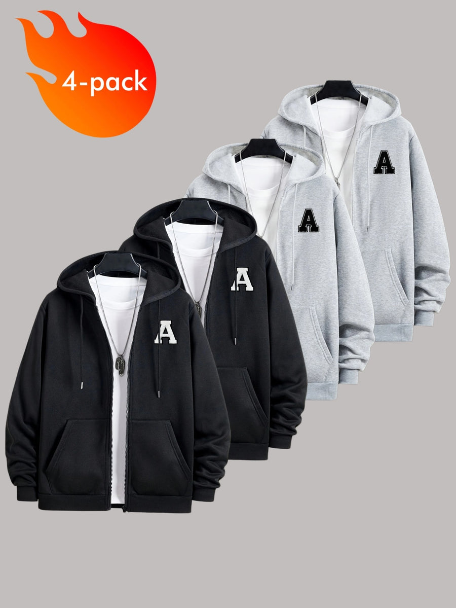 50% Cotton, 50% Polyester, 4pcs Men's Zippered Hooded -Lined Sweatshirt, Men's Apparel, Long-Sleeve Jacket, Zippered Top, Hooded Sweatshirt, Pockets, Drawstring, Suitable for Outings, Casual Wear, Back-to-School Season, Gift for Boyfriend - Black+Black+Light Gray+Light Gray