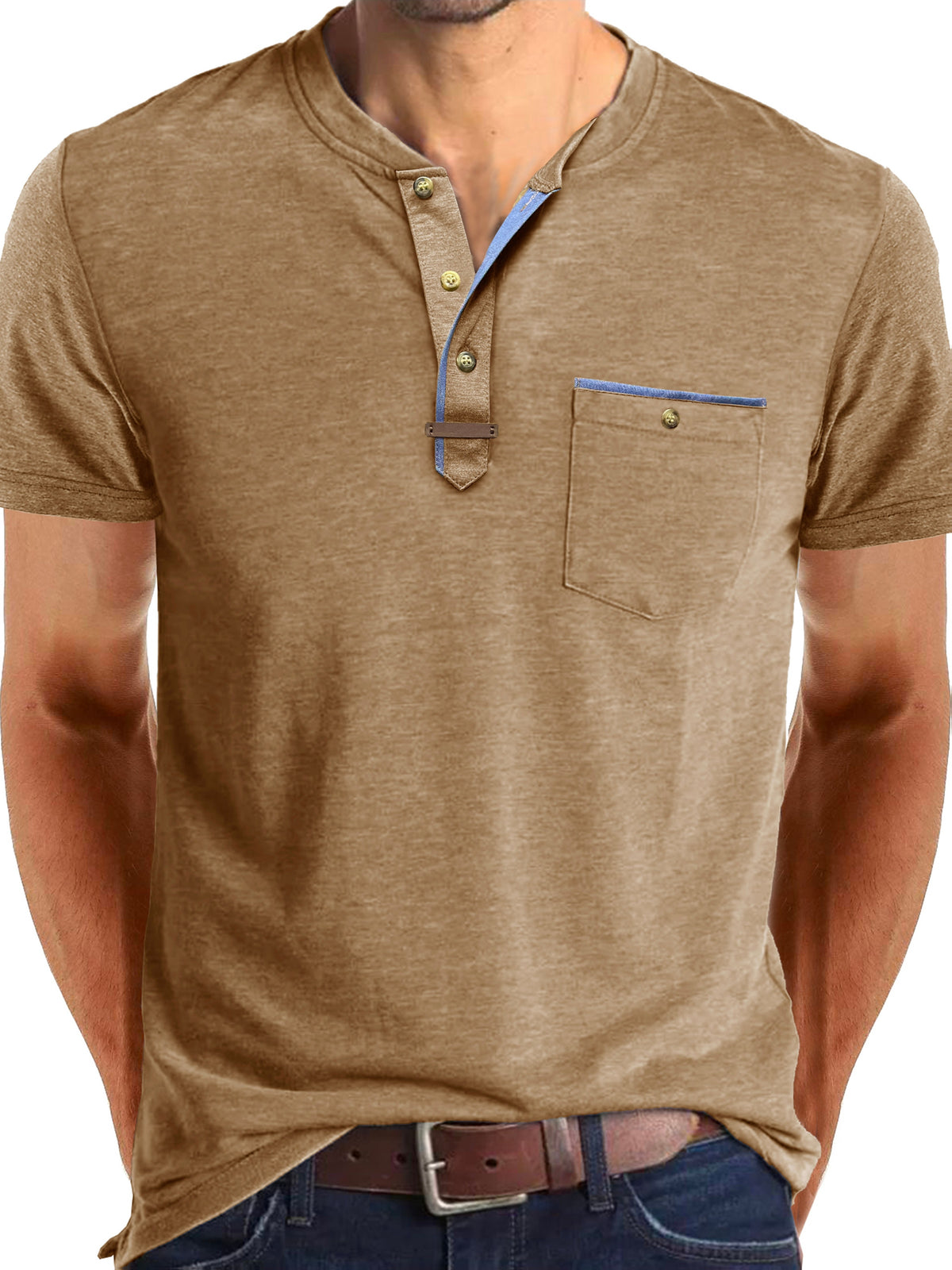Men'S Solid Color Short Sleeve Henley Neck T-Shirt, Fashionable Summer Men'S Wear Casual Round Neck Top - Khaki