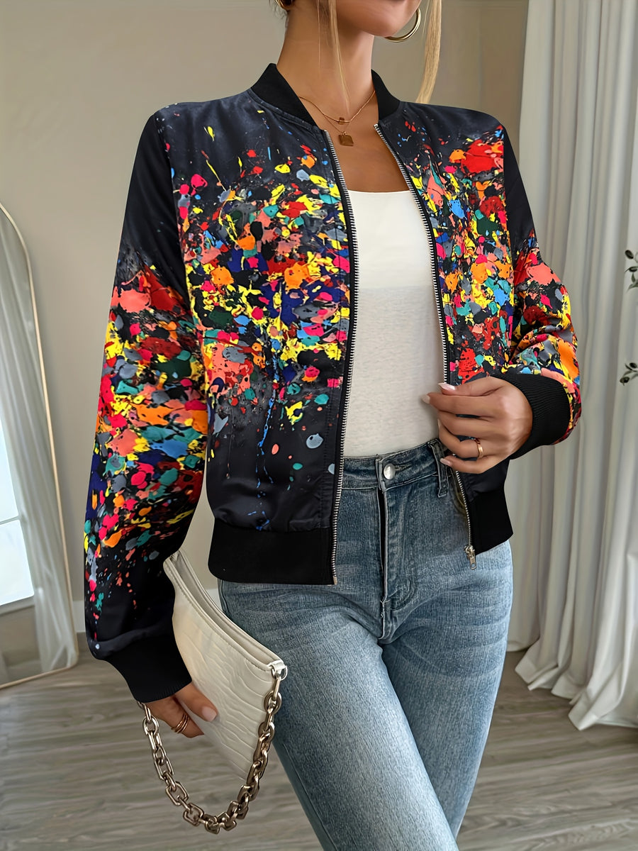 Women'S Lightweight Casual Jacket - Vibrant Tie-Dye Print, Stand Collar, Zip-Up, Long Sleeve, Perfect for Spring/Fall, Spring Jacket | Vibrant Print Jacket | Zippered Jacket - Black