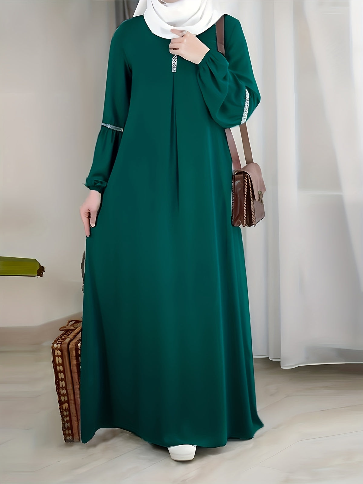 Middle Eastern Long Sequin Patchwork Dress Gown - Dark Green