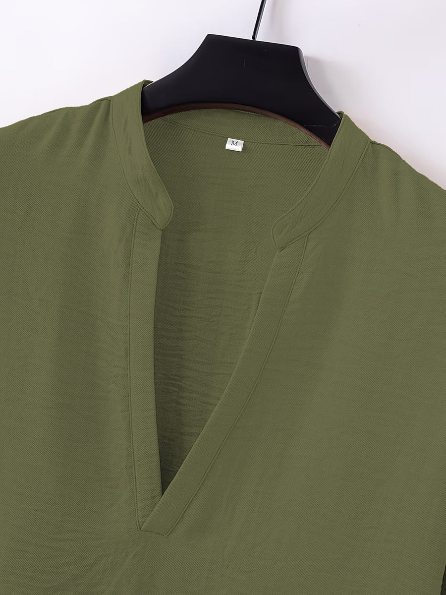 Spring/Autumn Men's Large V-Neck Linen Long Sleeve Shirt, a Versatile and Basic Men's Long Sleeve Top, Featuring a Casual and Comfortable V-neck Design, Suitable for Daily and Casual Wear - Military Green