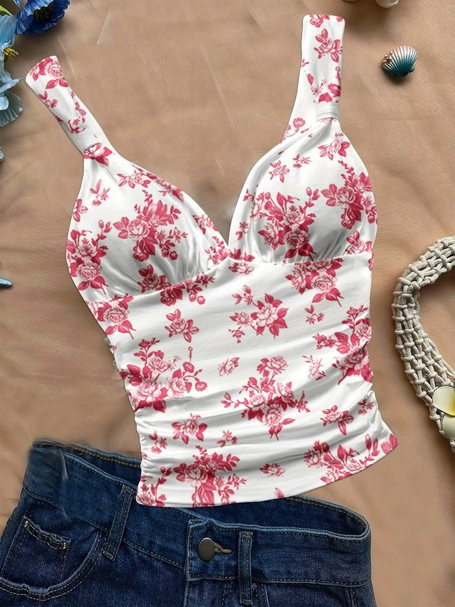 Women's Spring/summer New Hot Beach Tropical Vacation Outfits Casual Floral Slim Fit Bustier Halter Top - Red