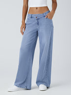 GILIPUR Y2K Women'S Solid Denim Cross Over Low Rise Baggy Wide Leg Jeans, Soft Stretchy Loose Floor Length Denim Pants with Functional Pockets, Casual Streetwear Daily Commute Vacation Outfits for Women Tchic - Blue