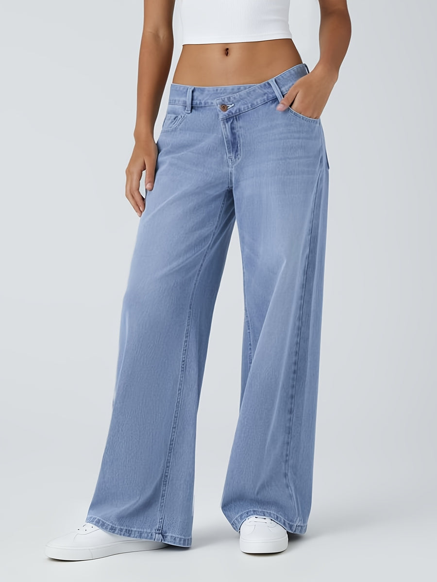 GILIPUR Y2K Women'S Solid Denim Cross Over Low Rise Baggy Wide Leg Jeans, Soft Stretchy Loose Floor Length Denim Pants with Functional Pockets, Casual Streetwear Daily Commute Vacation Outfits for Women Tchic - Blue