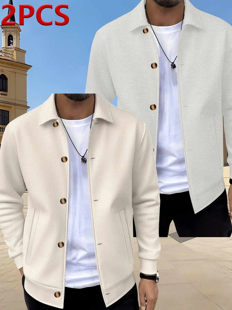 [Pearson OBM] Spring/Autumn Men'S Casual Knit Jacket, Waffle Collar Button-Up Cardigan Jacket, Daily Commute Versatile Men'S Wear 2pcs Set, 2026 New Style Fashionable Versatile Style - White+Beige Color