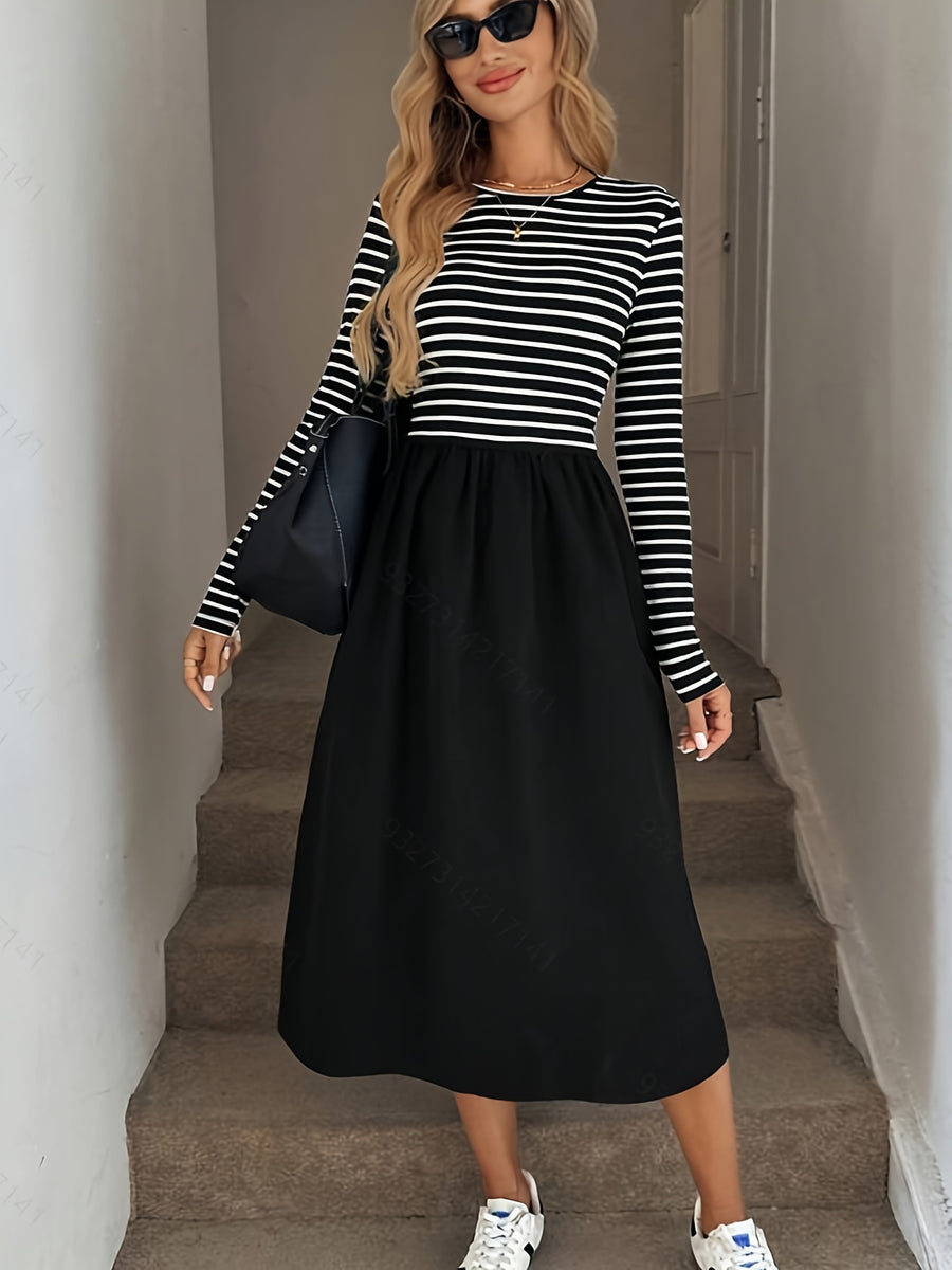 Women's Fitted Striped Skirt - Tailored Long Length with Round Neck & Black/White Stripes | Machine Washable Suitable for Commuting,, | - Blouse-Compatible for Females (No Transparency) - Black