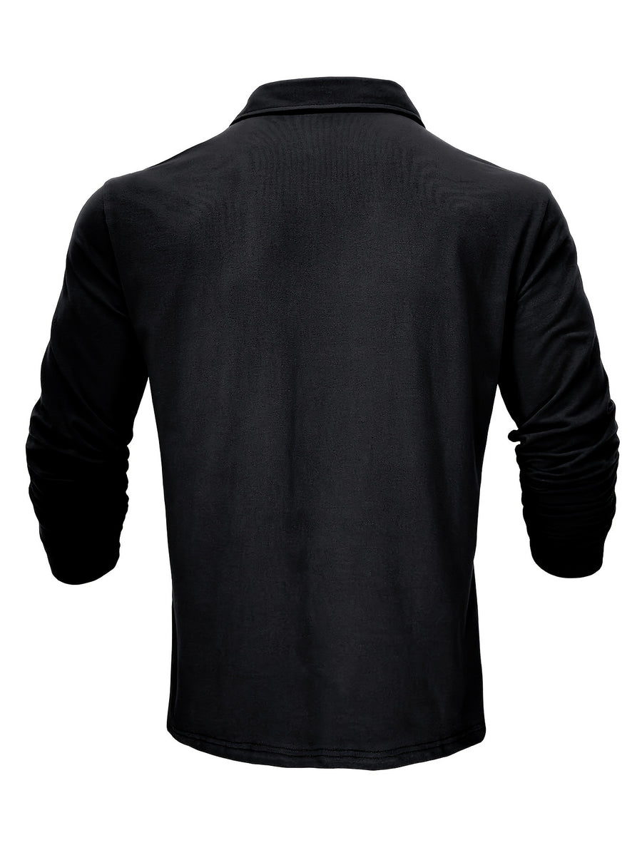 New Style Lapel European And American Style Men'S T-Shirt, Solid Color, Cross-Border Foreign Trade Men'S Long-Sleeve Polo Shirt - Black
