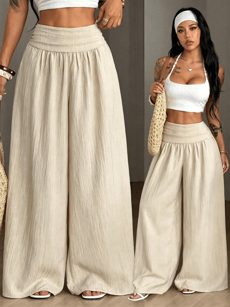 Women's Autumn/Winter Elegant Casual Vacation Solid Color Loose Textured Wide-Leg Pants - Apricot