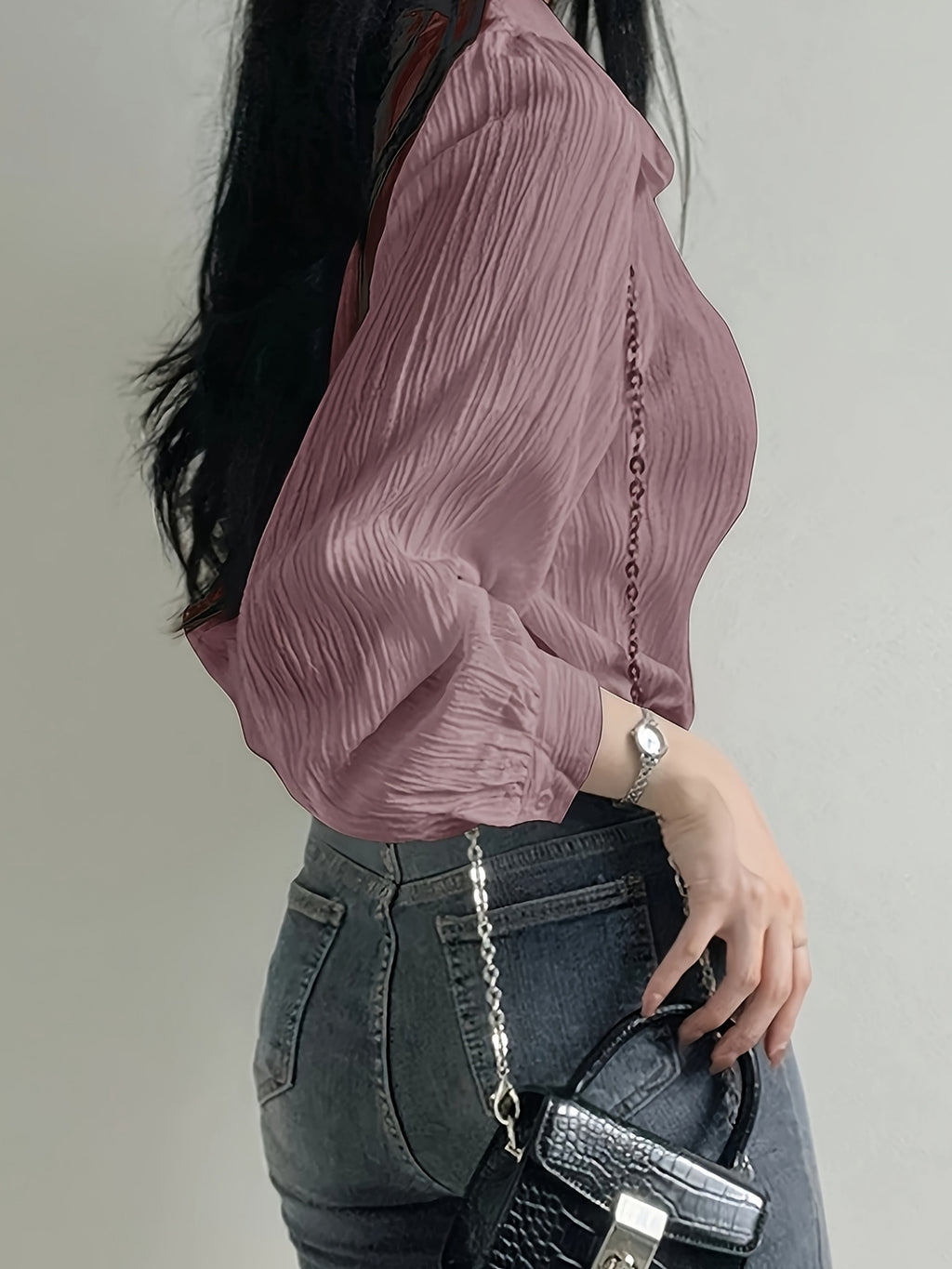 Solid Color Shirt Women'S French Long Sleeve Blouse Jacket Autumn Winter Thin Women'S Clothing Design-Oriented Shirt Top - Purple