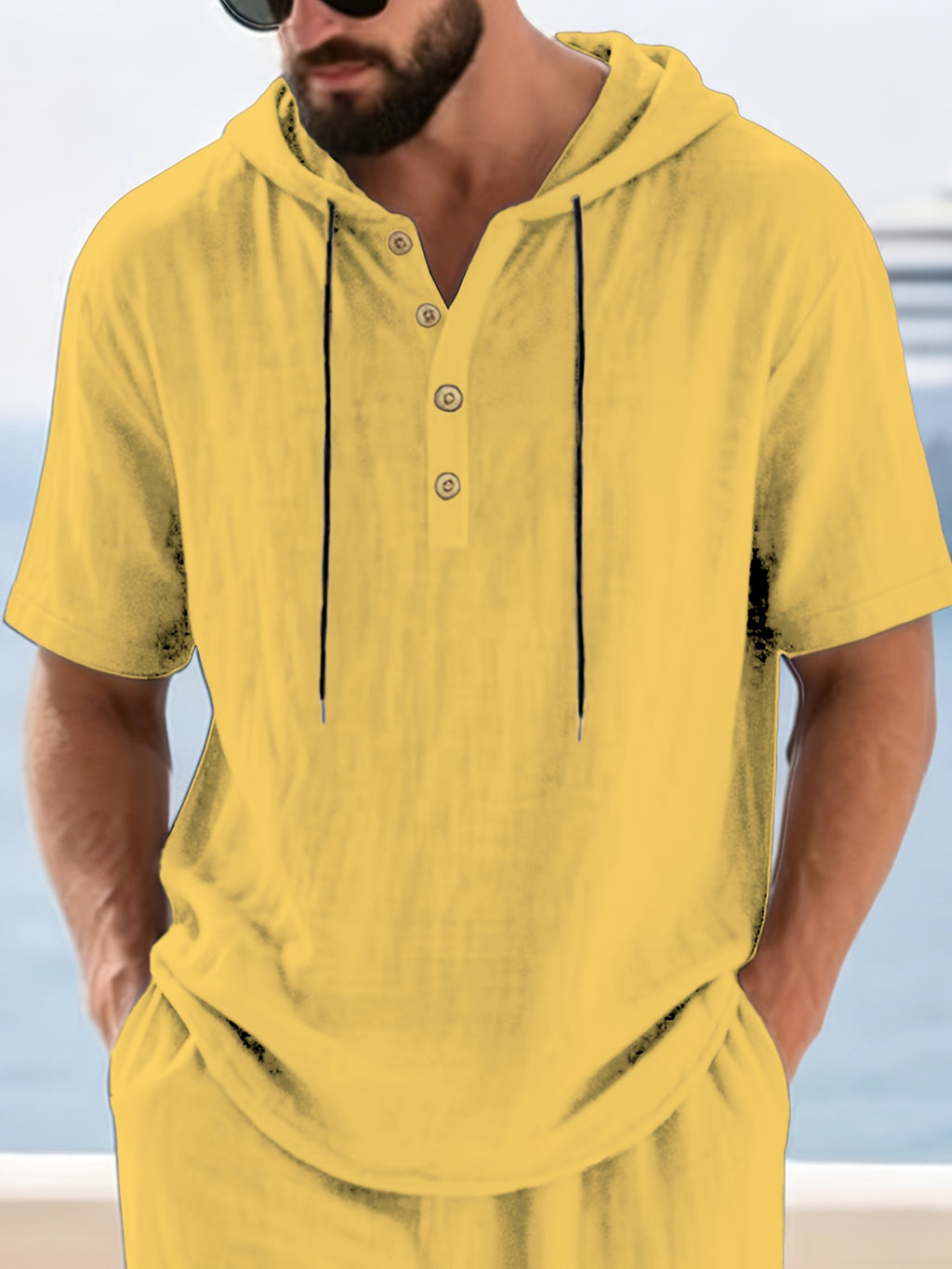 [2Pcss Set] Linen Hooded Short Sleeve Outfit Men'S Vacation Style Loose Casual Home Beach 2Pcss Set - Yellow+Green